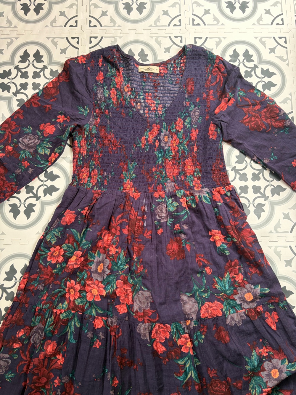 NATURAL LIFE Purple Floral Tiered Dress with Red and Green Flowers